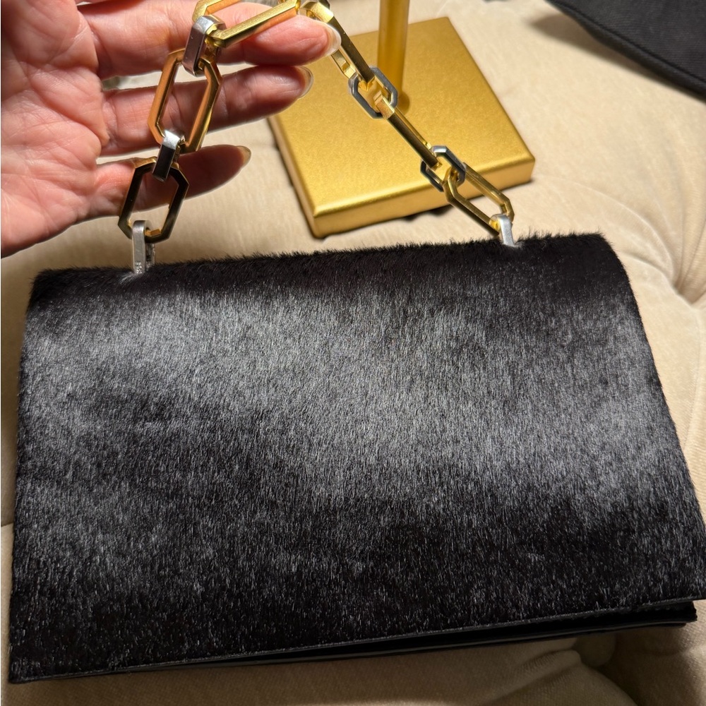 Black Faux Fur Box Clutch with Gold Chain Handle